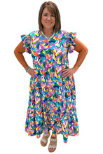Load image into Gallery viewer, Blue Abstract Print Ruffle Sleeve Plus Size Tiered Maxi Dress
