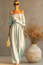 Load image into Gallery viewer, Women's Off-Shoulder Puff Sleeve Blouson Top &amp; High-Rise Wide-Leg Pants Set
