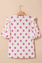 Load image into Gallery viewer, Black Polka Dot Print Smocked Notched Neck Balloon Sleeve Blouse
