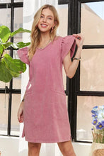 Load image into Gallery viewer, Mineral Washed V-Neck Ruffled Cap Sleeve Dress – Trendy, Comfortable, Playful, Unique Wash For Any Occasion
