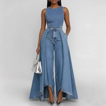 Load image into Gallery viewer, Women’s Crew Neck Sleeveless Wide-Leg Denim Jumpsuit
