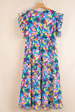 Load image into Gallery viewer, Blue Abstract Print Ruffle Sleeve Plus Size Tiered Maxi Dress
