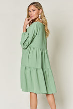 Load image into Gallery viewer, Light Green Double Take Full Size V-Neck Sleeve Tiered Dress with Pockets Elegant &amp; Comfortable Casual Dress
