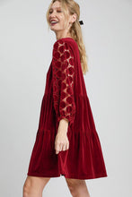 Load image into Gallery viewer, Dotted Lace Sleeve Tiered Velvet Mini Dress For Women – Vintage Lace Dress, Tiered Velvet Dress, Elegant Party Dress, Whimsical Lace Sleeve Dress, Chic Mini Dress
