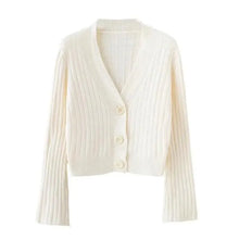 Load image into Gallery viewer, Elegance Cardigan Autumn Long Flare Sleeve Short Sweater Women Ribbed Knitted Cotton Tops Black White Ladies Soft Outwear Female
