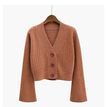 Load image into Gallery viewer, Elegance Cardigan Autumn Long Flare Sleeve Short Sweater Women Ribbed Knitted Cotton Tops Black White Ladies Soft Outwear Female
