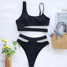 Load image into Gallery viewer, Elegant Black 2 Piece Bikini Push Up Swimwear Women's Neck Cut Out Front Lace Up Back High Cut Bikini Set Women Swimsuits Bathing Suit Comfortable Swimming Suit For Women
