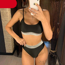 Load image into Gallery viewer, Elegant Black High Waist Swimwear Bikini Women's Swimsuits Push Up Shiny Splicing Bikinis High Cut Bathing Suits Women Bikini Set Push Up High Waist Swimsuit Two Piece Bathing Suit For Girls
