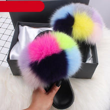 Load image into Gallery viewer, Elegant Indoor Fur Slippers For Women Fur Slides Flip Flops Beach Plush Fluffy Furry Slippers Furry Fuzzy Slides Open Toe Fluffy Slides Fox Fur Feather Sandals Fur Slip On Shoes For Women
