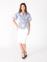 Load image into Gallery viewer, Embroidered Stripe Wrap Style Puff Sleeve Top
