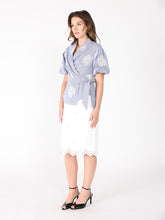 Load image into Gallery viewer, Embroidered Stripe Wrap Style Puff Sleeve Top
