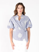 Load image into Gallery viewer, Embroidered Stripe Wrap Style Puff Sleeve Top
