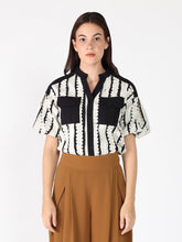Load image into Gallery viewer, Emroidered Band V-Neck Puffed Sleeve Top
