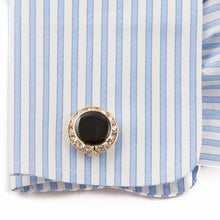 Load image into Gallery viewer, Black, Gold, and Crystal Round Formal Set of Cufflinks and Studs
