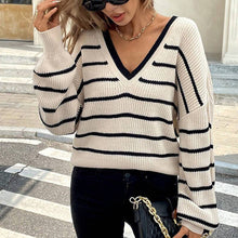 Load image into Gallery viewer, Women’s Striped V-Neck Sweater with Back Bow

