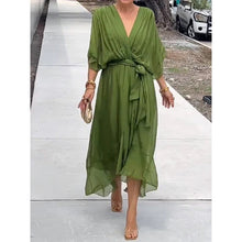 Load image into Gallery viewer, Batwing Sleeve V-Neck Midi Dress – Tied Irregular Hem Fairy Dress
