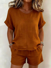 Load image into Gallery viewer, Women's Relaxed Cotton-Linen Cuffed Sleeve Top &amp; Shorts Two-Piece Set
