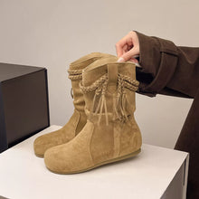 Load image into Gallery viewer, Suede Fringe Round Toe Boots with Block Heel
