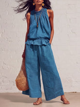 Load image into Gallery viewer, Women's Smocked Neckline Ruffle Hem Linen Tank &amp; Wide-Leg Cropped Pants Set
