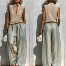 Load image into Gallery viewer, Women's Textured Knit V-Notch Stand Collar Tank &amp; Striped Wide-Leg Palazzo Pants Set
