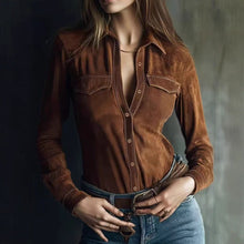 Load image into Gallery viewer, Deerskin Velvet Long Sleeve Patchwork Blouse | Retro Style
