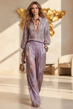 Load image into Gallery viewer, Women's Paisley Print Deep V Fringe Blouse &amp; Wide-Leg Palazzo Pants Set
