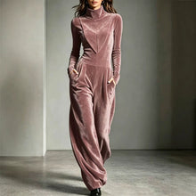Load image into Gallery viewer, Women's Velvet Mock Turtleneck Chevron-Seam Fitted Bodice Balloon-Leg Jumpsuit

