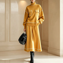 Load image into Gallery viewer, Women's Turtleneck Balloon-Sleeve Knit Top &amp; A-Line Midi Skirt Set with Contrast Topstitching
