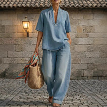 Load image into Gallery viewer, Retro V-Neck Washed Denim Top &amp; Wide-Leg Pants Set – 3 Colors, S–3XL
