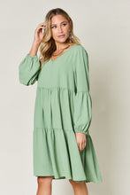 Load image into Gallery viewer, Light Green Double Take Full Size V-Neck Sleeve Tiered Dress with Pockets Elegant &amp; Comfortable Casual Dress
