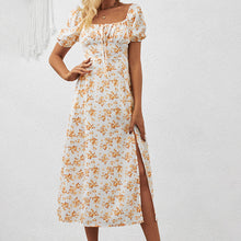 Load image into Gallery viewer, Square Neck Floral Print Dress With Puff Sleeves &amp; Side Slit Maxi Dress
