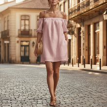 Load image into Gallery viewer, Women's Cotton-Linen Off-Shoulder Puff-Sleeve Loose Mini Dress
