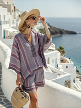 Load image into Gallery viewer, Women's Striped Linen V-Neck Top &amp; Shorts Set with Embroidered Neckline
