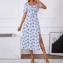 Load image into Gallery viewer, Square Neck Floral Print Dress With Puff Sleeves &amp; Side Slit Maxi Dress
