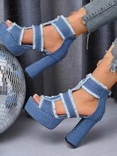 Load image into Gallery viewer, Denim Platform Block Heel Sandals : With Frayed Edge Detail
