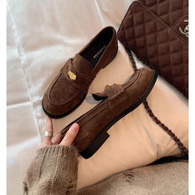 Load image into Gallery viewer, Women's British-Style Gold Coin Loafers | Block Heel Leather Slip-Ons
