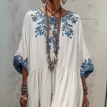 Load image into Gallery viewer, Women's Printed Batwing Sleeve Midi Dress – Loose Fit Linen Blend

