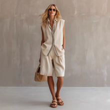 Load image into Gallery viewer, Women's Linen Shirt and Shorts Set – Sleeveless Summer Two-Piece
