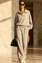 Load image into Gallery viewer, Women's Polo-Collar Oversized Sweatshirt &amp; Side-Stripe Wide-Leg Pants Set
