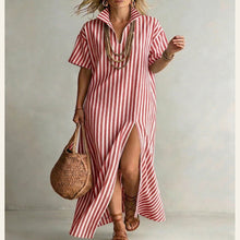 Load image into Gallery viewer, Women's Striped Slit Maxi Dress – V-Neck Short Sleeve
