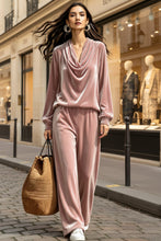Load image into Gallery viewer, Women's Gold Velvet Cowl Neck Drop-Shoulder Top &amp; Wide-Leg Pants Set – 8 Colors
