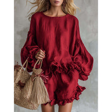 Load image into Gallery viewer, Women's Lantern Sleeve Top &amp; Shorts Two-Piece Set – Loose Fit
