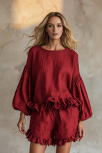 Load image into Gallery viewer, Women's Lantern Sleeve Ruffle Hem Top &amp; Ruffle Shorts Linen-Style Two-Piece Set
