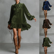 Load image into Gallery viewer, Women’s Bow-Tie Puff Sleeve Dress – Elegant Asymmetric Ruffle Hem Short Dress
