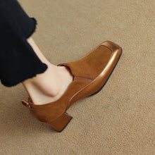 Load image into Gallery viewer, Women's Retro Cowhide Square Toe Chunky Heel Slip-On Pumps
