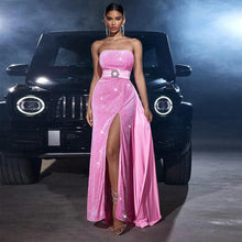 Load image into Gallery viewer, Velvet Sequined Cinched Waist Slim-fit Tube Top Banquet Dress
