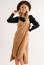 Load image into Gallery viewer, Faux Suede Cut Edge Slit Cami Midi Dress – Elegant Midi Dress, Faux Suede Dress, Chic Slit Dress, Sophisticated Dress, Versatile Cami Dress
