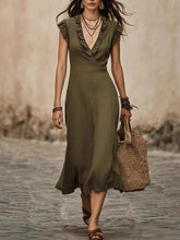 Load image into Gallery viewer, Women's V-Neck Cotton-Linen Flutter-Sleeve Ruffle-Trim Midi Dress
