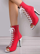 Load image into Gallery viewer, Canvas Lace-Up Peep Toe : Stiletto Ankle Boots
