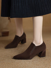 Load image into Gallery viewer, Women's Suede Pointed Toe Chunky Heel Pumps – Deep Vamp Low Heel
